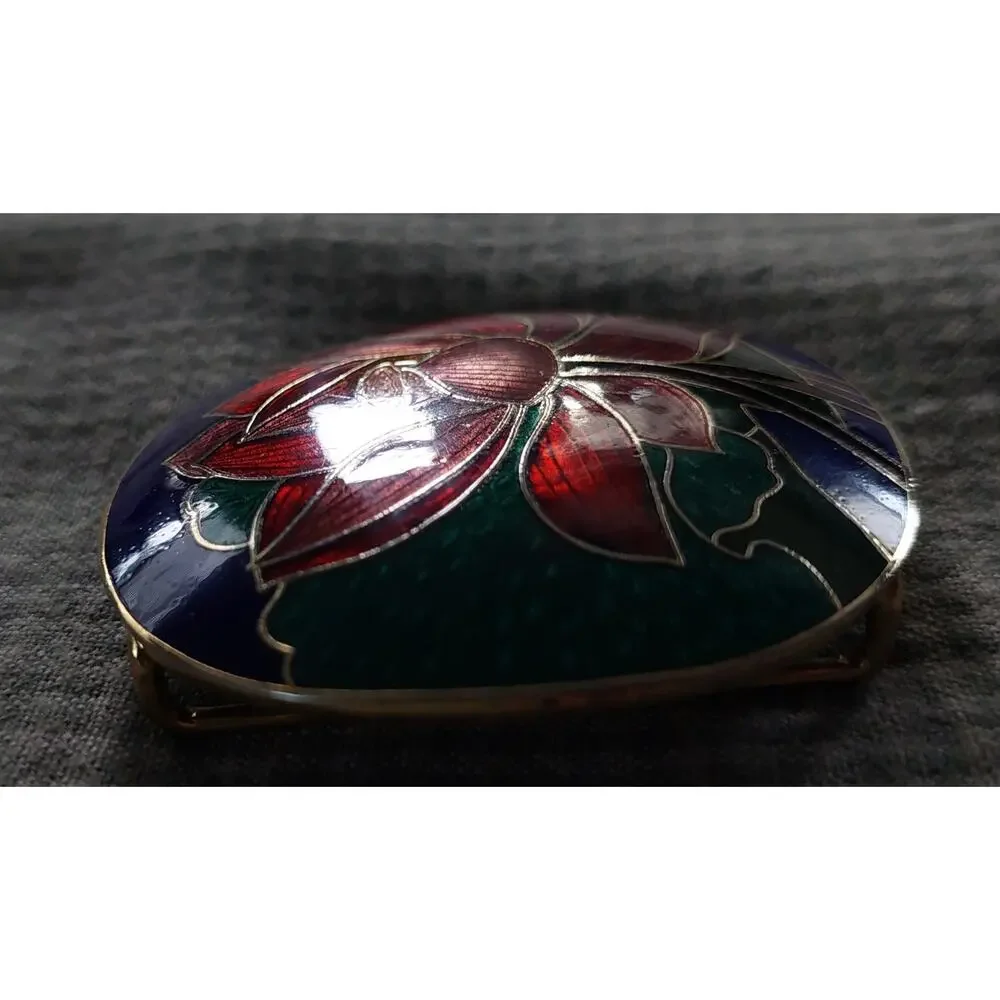 Pink Red Cloisonne Lotus Guilloche Enamel Buckle